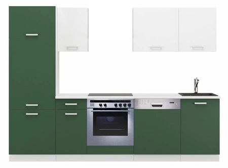 Zestaw mebli kuchennych z blatem Toni 270 cm biały / pastelowy zielony meble doskonale prezentują się w nowoczesnych wnętrzach
