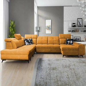 Narożnik z funkcją spania Buffalo X żółty prawostronny funkcjonalny i komfortowy narożnik do pokoju z pojemnikami na pościel