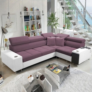 Narożnik z funkcją spania Dafni II wrzosowy / biały prawostronny velvet narożnik z pojemnikiem na pościel szuflada z pełnym wysuwem