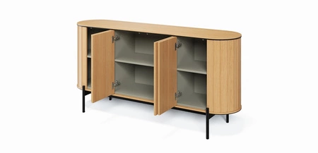 Zestaw mebli Rotto dąb vincenza elegancki design meblościanki zaokrąglone krawędzie brył osadzonych na czarnych metalowych nogach