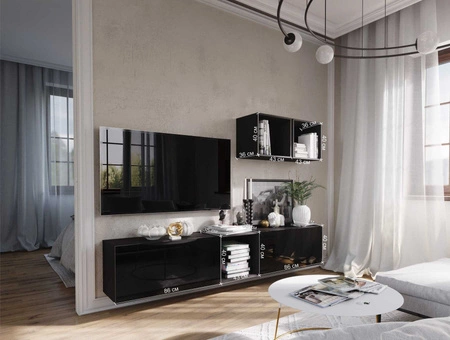 Meblościanka Glifa czarna / czarny połysk stylowa i ergonomiczna meblościanka do każdego wnętrza system otwierania drzwi push to open