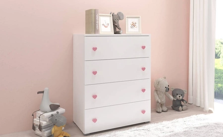 Komoda z szufladami Emily 80 cm biała wyjątkowo stylowa komoda do pokoju dziecięcego z różowymi uchwytami w kształcie serca