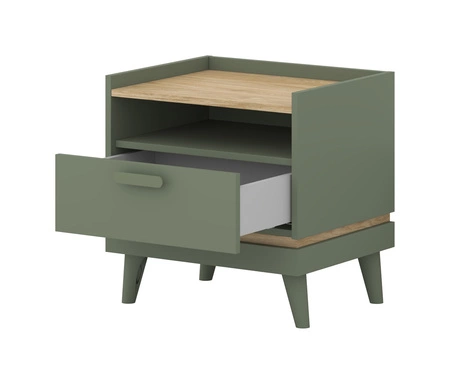 Szafka nocna Scandia zielona / dąb olejowany nowoczesny design szafki z szufladą osadzonej na wysokich nogach idealna do sypialni