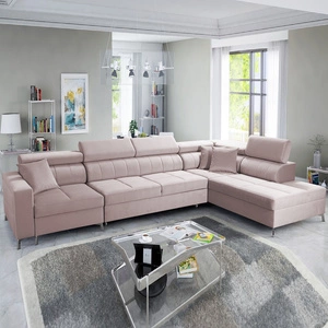 Narożnik z funkcją spania Nausa X pudrowy róż prawostronny narożnik z dwoma pojemnikami na pościel wykonanie z tkaniny typu velvet