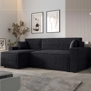 Narożnik z funkcją spania Brandon Bis czarny lewostronny miękka tkanina o charakterystycznej pętelkowej powierzchni pojemnik na pościel