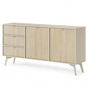 Komoda z szufladami Wald 158 cm beżowy / beż jodełka pastelowa kolorystyka w stylu boho gustowny dekor jodełki i złote uchwyty