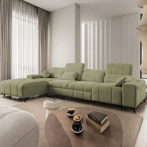 Narożnik z funkcją spania Penejos XII oliwkowy lewostronny stylowy narożnik z pojemnikami na pościel komfortowe regulowane zagłówki