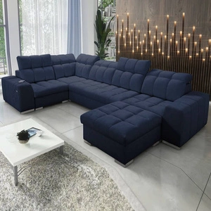 Narożnik z funkcją spania Luigi IV granatowy prawostronny elegancki narożnik do salonu wykonany z miękkiej tkaniny typu velvet