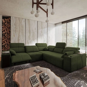 Narożnik z funkcją spania Tesalia III Lux zielony lewostronny komfortowy narożnik z wysuwanym podnóżkiem funkcja przesuwanego oparcia