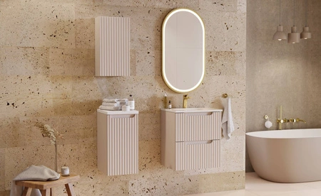 Szafka pod umywalkę Nova 50 cm beżowa eleganckie pionowe frezowanie na frontach szafki do łazienki pojemne szuflady modna kolorystyka