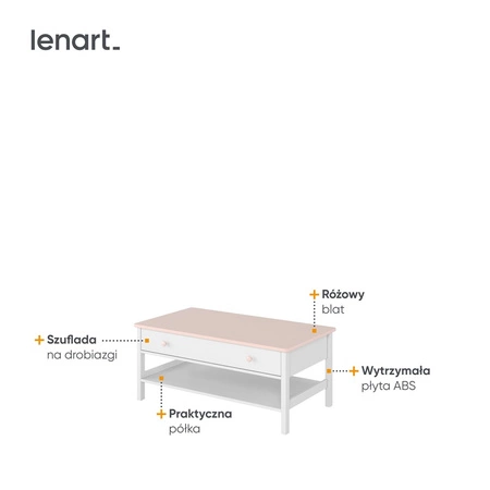 Stolik Luna 110 cm biały / różowy praktyczny stolik z dodatkową półką i głęboką szufladą do pokoju dziecięcego