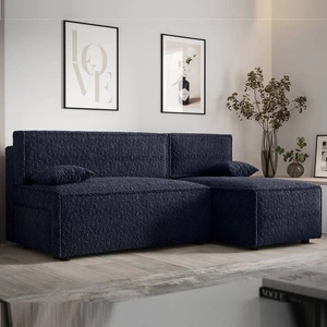 Narożnik z funkcją spania Brandon granatowy prawostronny miękka tkanina o charakterystycznej pętelkowej powierzchni pojemnik na pościel