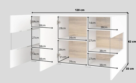 Komoda Ava 120 cm biała / dąb wotan z możliwością powieszenia idealna komoda do każdego wnętrza designerska komoda z przeszkleniem