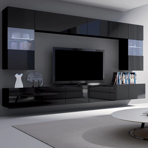 Meblościanka Apulia czarny połysk wyjątkowo stylowa meblościanka proste bryły wpisujące się w każde wnętrze