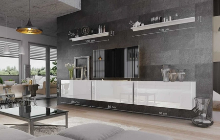 Meblościanka Sparta biały połysk modernistyczny design pozwala zaaranżować kącik multimedialny w nowoczesnym stylu