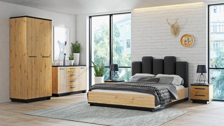 Łóżko Simi GB 160x200 cm z pojemnikiem na pościel dąb artisan / czarny idealne łóżko do sypialni obrzeża wykończone okleiną ABS designerski tapicerowany zagłówek