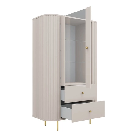 Witryna Ovalio 97 cm beżowa stylowy design bezpieczne szkło hartowane witryna o owalnym kształcie z dekoracyjnymi frezowaniami