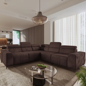 Narożnik z funkcją spania Castel III brązowy prawostronny narożnik z dwoma pojemnikami na pościel regulowane zagłówki