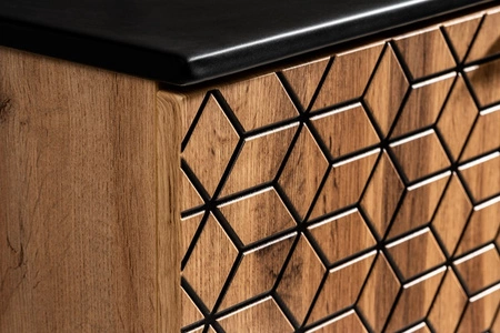 Zestaw mebli łazienkowych Diamond dąb wotan / czarny designerskie szafki do łazienki z nietuzinkowym ryflowaniem w kształcie rombów