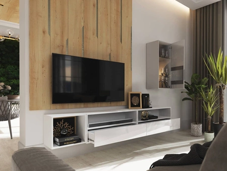 Meblościanka Paleo biała / biały połysk minimalistyczny design meblościanka do salonu lub pokoju dziennego system push to open