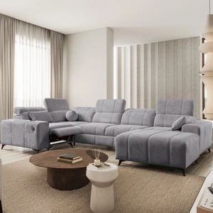 Narożnik z funkcją spania Penejos IV Lux jasny szary prawostronny stylowy narożnik rozkładany z komfortowym wysuwanym podnóżkiem