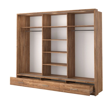 Szafa przesuwna z lustrem Arti 250 cm dąb stirling estetycznie wykonana szafa do sypialni wzbogacona oświetleniem LED pojemne szuflady