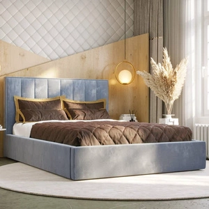 Łóżko tapicerowane Rinus 180x200 z pojemnikiem błękitny w nowoczesnym skandynawskim stylu z wygodnym zagłówkiem