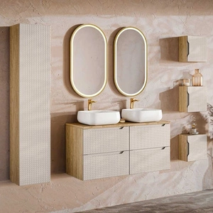 Zestaw mebli łazienkowych Luxor dąb olejowany / beżowy designerskie szafki łazienkowe oryginalne trójwymiarowe ryflowania na frontach