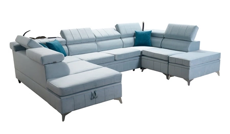 Narożnik z funkcją spania Rava VIII lazurowy lewostronny elegancki design gustowna bryła z gwarancją komfortu miękka tkanina