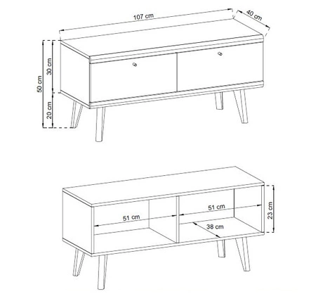 Szafka RTV Primo 107 cm dąb riviera / biały nowoczesny design w stylu skandynawskim obrzeża wykończone specjalną okleiną