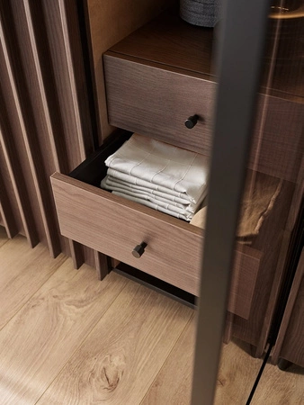 Zestaw mebli Piemonte jesion portland / czarny elegancka meblościanka do salonu gustowne lamele na frontach mebli metalowa podstawa