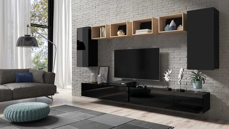 Meblościanka Apulia XXXV czarny połysk / dąb artisan wyjątkowo stylowa meblościanka proste bryły wpisujące się w każde wnętrze