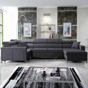 Narożnik z funkcją spania Nausa V grafitowy prawostronny elegancki narożnik do salonu wykonany z miękkiej tkaniny typu velvet