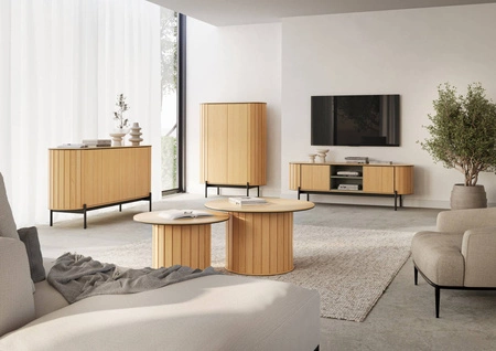 Zestaw mebli Rotto dąb vincenza elegancki design meblościanki zaokrąglone krawędzie brył osadzonych na czarnych metalowych nogach