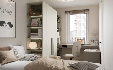 Biurko Woow 210 cm clay grey prawe modne biurko z szufladami o designerskim kształcie do zestawiania z innym modułem z kolekcji