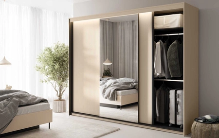 Szafa przesuwna z lustrem Trend 250 cm beżowa wyjątkowy design pojemna szafa do sypialni z oświetleniem LED stylowe ryflowane fronty