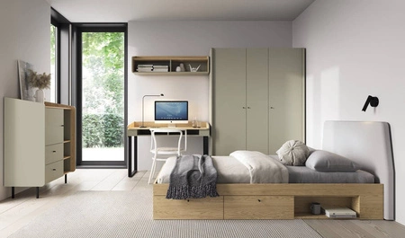 Szafa Olivio 145 cm eukaliptus / dąb baltic dune nowoczesny design czarne uchwyty wykończenie ABS