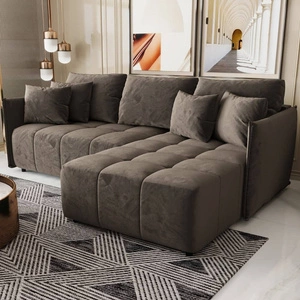 Narożnik z funkcją spania Oroso jasny brąz prawostronny miękka tkanina typu velvet z powłoką hydrofobową pojemnik na pościel