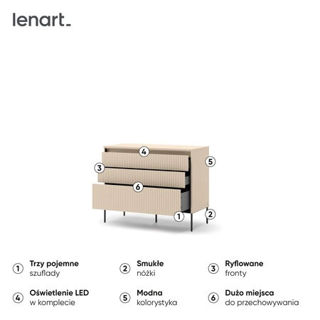 Komoda z szufladami Trend 104 cm beżowa elegancka komoda o ciekawym designie ryflowane fronty podkreślone subtelnym oświetleniem