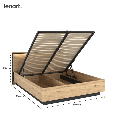 Łóżko Quant 160x200 cm dąb artisan / czarny wygodne łóżko do sypialni z pojemnikiem na pościel zagłówek wzbogacony o oświetlenie LED
