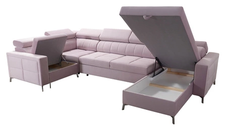 Narożnik z funkcją spania Nausa V granatowy prawostronny elegancki narożnik do salonu wykonany z miękkiej tkaniny typu velvet