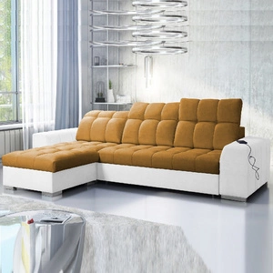 Narożnik z funkcją spania Luigi miodowy / biały lewostronny narożnik z dwoma pojemnikami na pościel tkanina o ciekawej strukturze