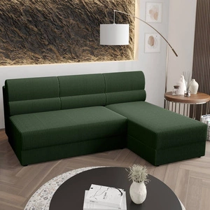Narożnik z funkcją spania Fogu zielony prawostronny stylowy narożnik o prostym designie pokryty sztruksową tkaniną pojemnik na pościel
