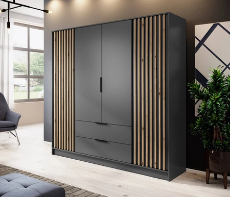 Szafa Aspen 206 cm grafitowa / lamele w kolorze dąb artisan nowoczesny design mebla drzwi szafy ozdobione lamelami