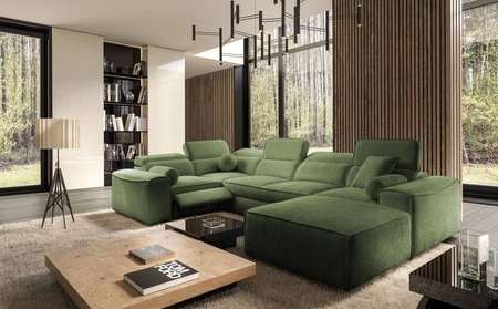 Narożnik z funkcją spania Viano IV Lux zielony prawostronny designerski narożnik z wysuwanym podnóżkiem duży pojemnik na pościel