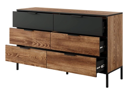 Komoda z szufladami Dover 137 cm kasztan / antracyt nowoczesny design wyrazista kolorystyka komody połączona z metalowymi dodatkami