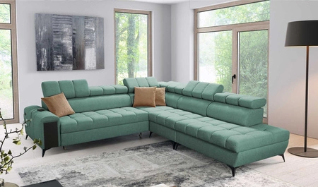 Narożnik z funkcją spania Bolmso IX miętowy prawostronny komfortowy narożnik do salonu z szufladą pojemniki na pościel stylowy design