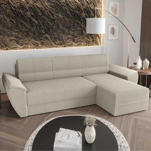 Narożnik z funkcją spania Fogu II kość słoniowa prawostronny stylowy narożnik z komfortowymi podłokietnikami i pojemnikiem na pościel