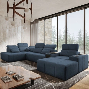 Narożnik z funkcją spania Tesalia V niebieski prawostronny komfortowy narożnik z szufladą oraz funkcją przesuwanego oparcia