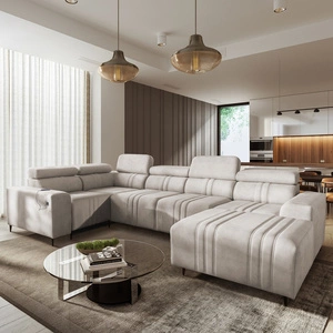 Narożnik z funkcją spania Castel IV beżowy prawostronny stylowy narożnik z pojemnikami na pościel i regulowanymi zagłówkami